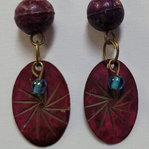 Purple Metal Disc Drop Earrings